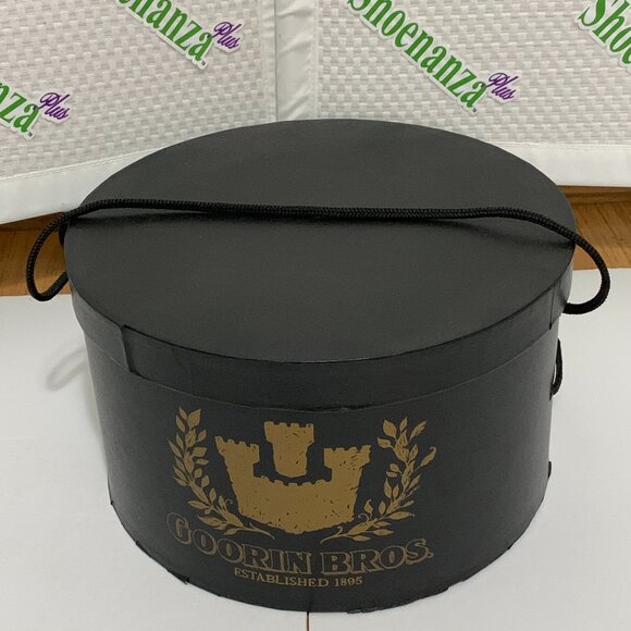 Vintage Goorin Bros Cardboard Hat Box Strap Storage Container Paper Black Gold - Picture 1 of 16